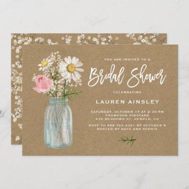 Daisy Mason Jar Kraft Paper Fall Bridal Shower Invitations