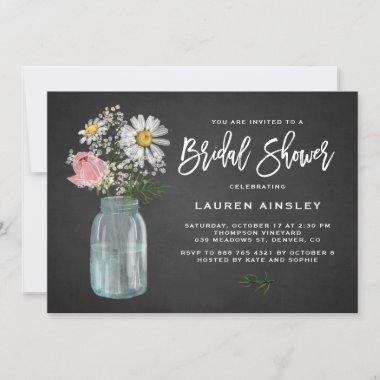 Daisy Mason Jar Rustic Chalkboard Bridal Shower Invitations
