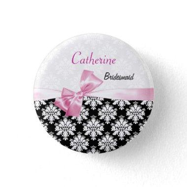 Damask black white, pink bow Wedding Bridesmaid Button