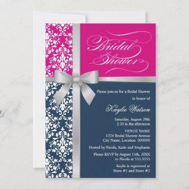 Damask Faux Silver Ribbon Navy Pink Bridal Shower Invitations