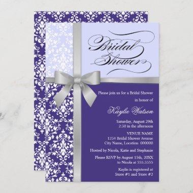 Damask Faux Silver Ribbon Purple Bridal Shower Invitations