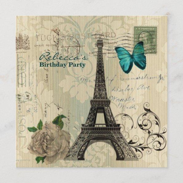 damask french Eiffel Tower Parisian birthday party Invitations