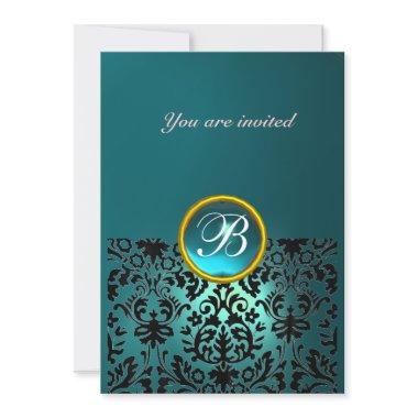 DAMASK GEM STONE MONOGRAM aquamarine blue Invitations