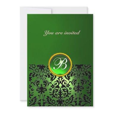 DAMASK GEM STONE MONOGRAM green yellow black Invitations