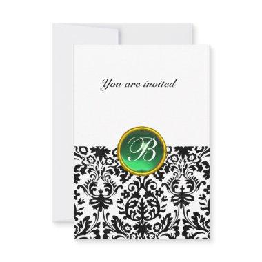 DAMASK GEM STONE MONOGRAM jade green white rsvp Invitations