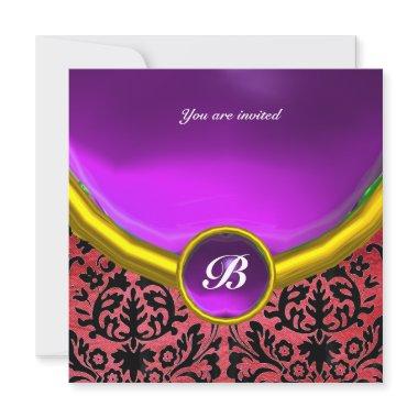 DAMASK GEM STONE MONOGRAM purple violet silk Invitations