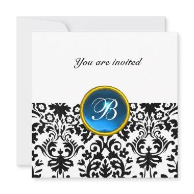 DAMASK GEM STONE MONOGRAM sapphire blue white Invitations