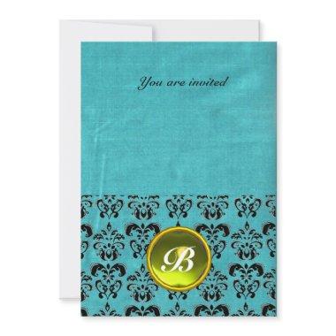 DAMASK GEM STONE MONOGRAM silk blue black white Invitations