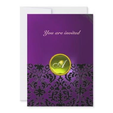 DAMASK GEM STONE MONOGRAM yellow purple Invitations