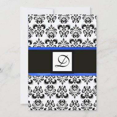 DAMASK MONOGRAM,black and white,blue Invitations
