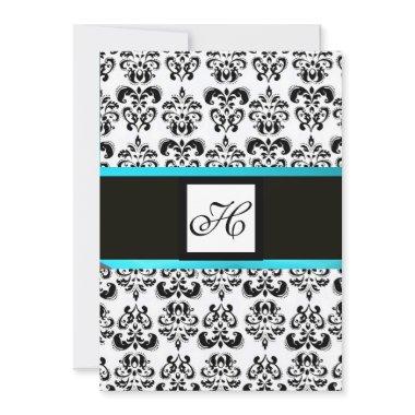 DAMASK MONOGRAM,black and white,blue turquase Invitations