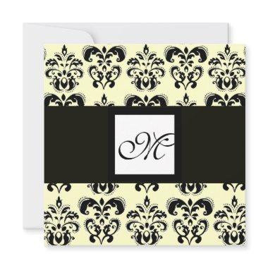 DAMASK MONOGRAM,black and white,cream Invitations