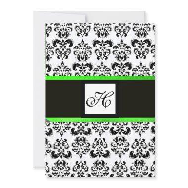 DAMASK MONOGRAM,black and white, emerald green Invitations