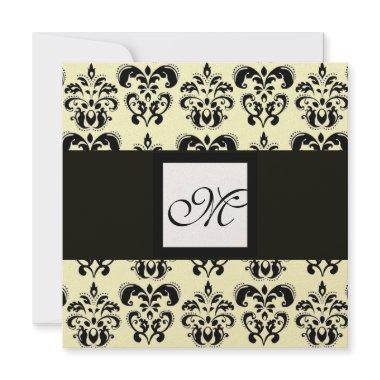 DAMASK MONOGRAM,black and white,gold metallic Invitations