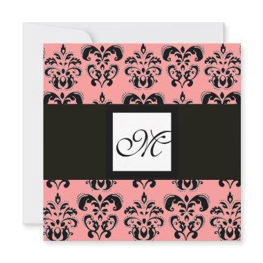 DAMASK MONOGRAM,black and white,pink Invitations