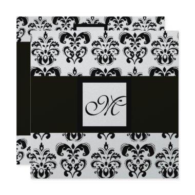 DAMASK MONOGRAM,black and white,silver metallic Invitations