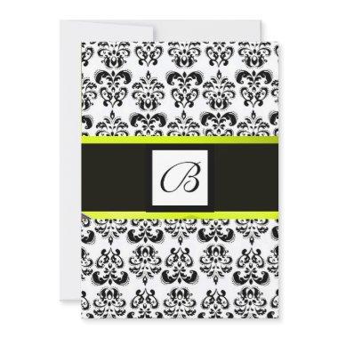 DAMASK MONOGRAM,black and white,yellow Invitations