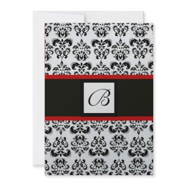 DAMASK MONOGRAM,black, white,silver metallic,red Invitations