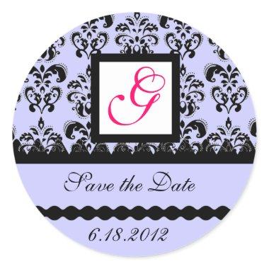 DAMASK MONOGRAM,pink fuchsia blue Classic Round Sticker