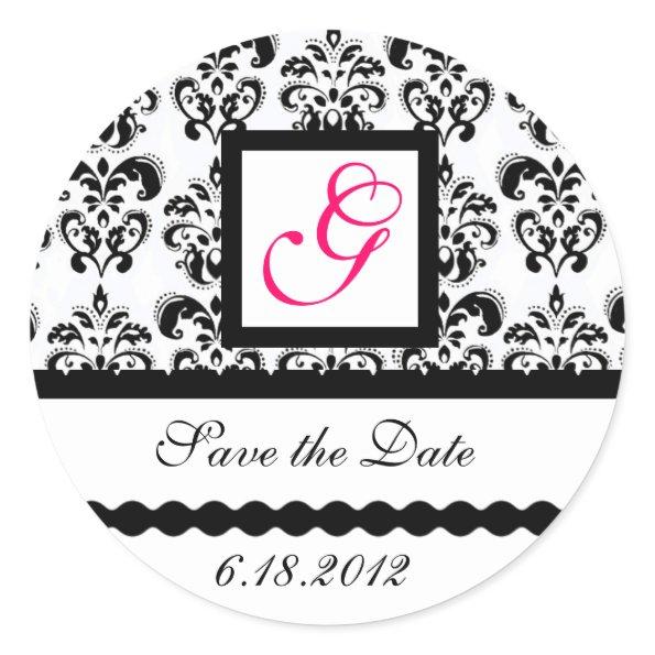 DAMASK MONOGRAM,pink fuchsia Classic Round Sticker