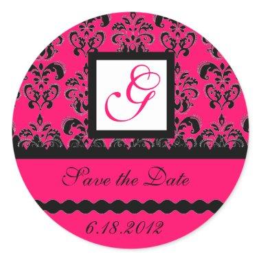 DAMASK MONOGRAM,pink fuchsia Classic Round Sticker
