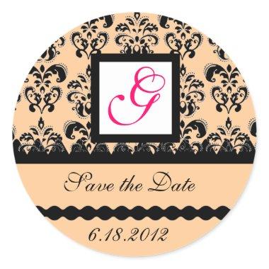 DAMASK MONOGRAM,pink fuchsia Classic Round Sticker