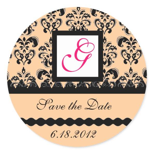 DAMASK MONOGRAM,pink fuchsia Classic Round Sticker