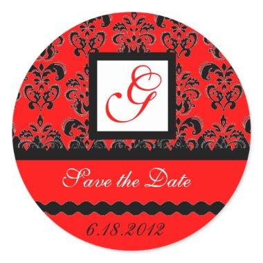 DAMASK MONOGRAM, red black white Classic Round Sticker