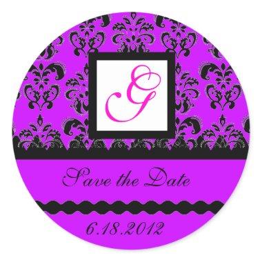 DAMASK MONOGRAM, violet fuchsia purple Classic Round Sticker