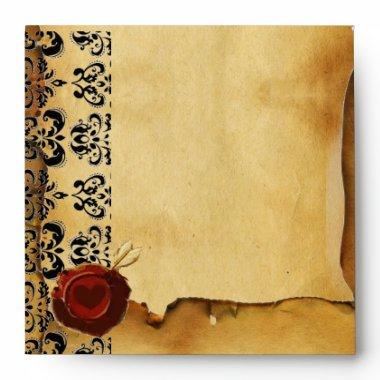 DAMASK PARCHMENT, ANGEL HEART RED WAX SEAL ENVELOPE