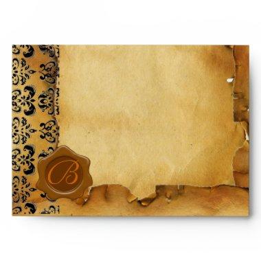 DAMASK PARCHMENT, RED WAX SEAL MONOGRAM ENVELOPE