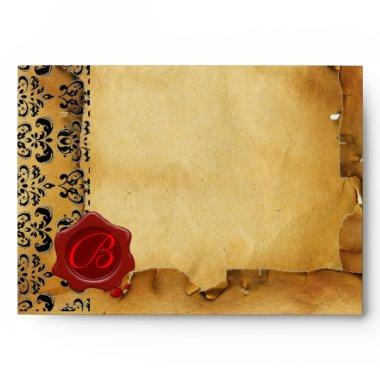 DAMASK PARCHMENT, RED WAX SEAL MONOGRAM ENVELOPE