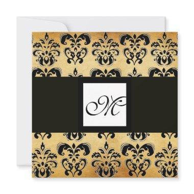 DAMASK PARCHMENT SQUARE MONOGRAM,black white brown Invitations