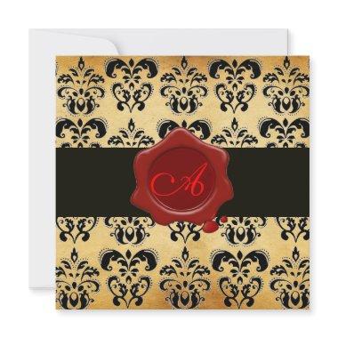 DAMASK PARCHMENT WAX SEAL MONOGRAM,black and brown Invitations