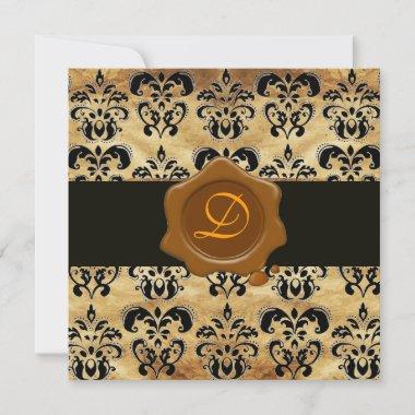 DAMASK PARCHMENT WAX SEAL MONOGRAM,black and brown Invitations
