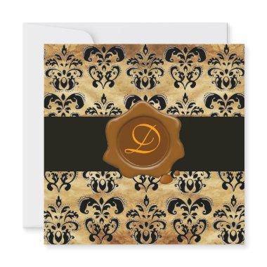 DAMASK PARCHMENT WAX SEAL MONOGRAM,black and brown Invitations