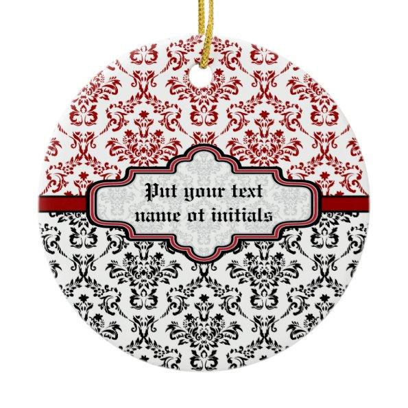 Damask pattern black red white custom ornament