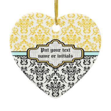 Damask pattern black white yellow aqua ornament