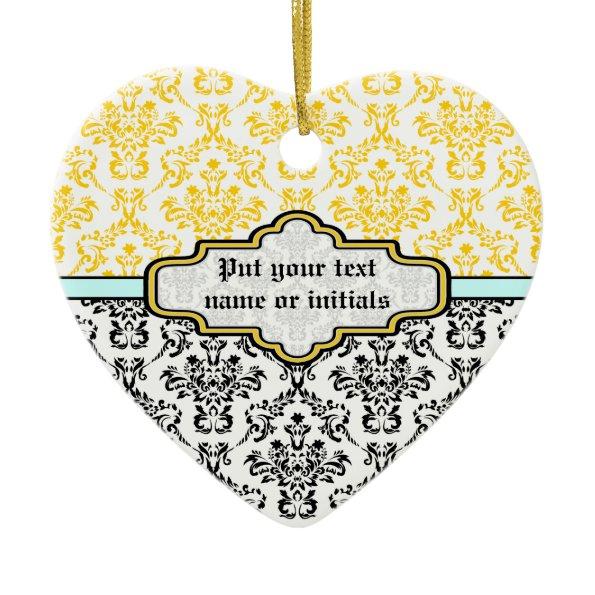 Damask pattern black white yellow aqua ornament