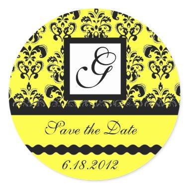 DAMASK SQUARE MONOGRAM yellow Classic Round Sticker