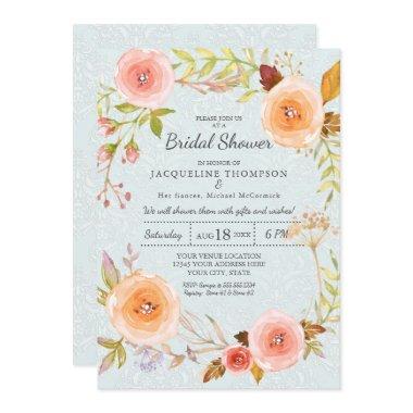 Damask Typography Blue n Pink Floral Wreath Bridal