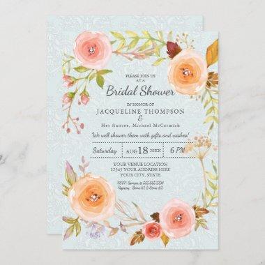 Damask Typography Blue n Pink Floral Wreath Bridal Invitations