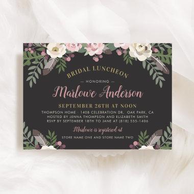 Dark and Moody Rose Pink Floral Bridal Luncheon Invitations