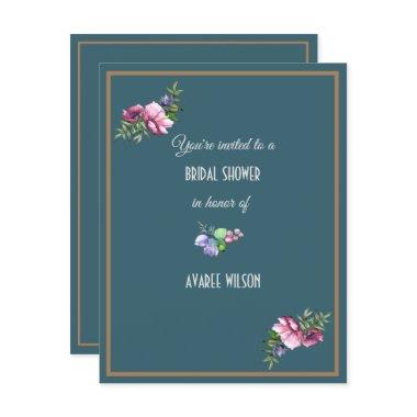 Dark Aqua Bridal Shower Florals  Invitations