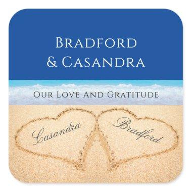 Dark Blue Beach Wedding 2 Hearts in the Sand Square Sticker