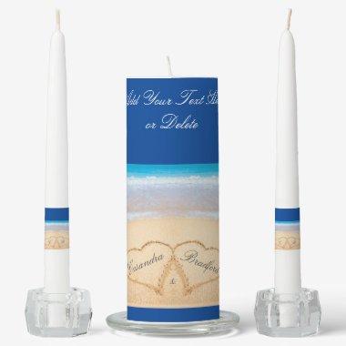 Dark Blue Beach Wedding 2 Hearts in the Sand Unity Candle Set