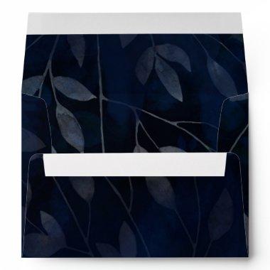 Dark Blue Botanical Leaves Modern Chic Wedding Envelope