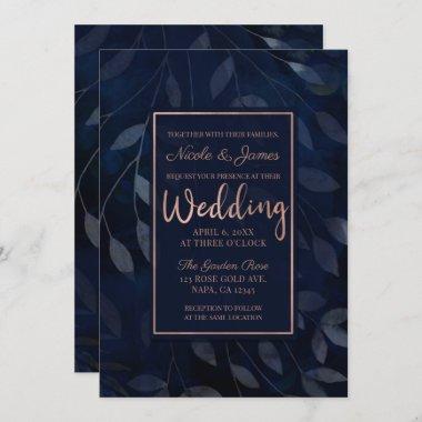 Dark Blue Botanical Leaves Modern Pink Wedding Invitations