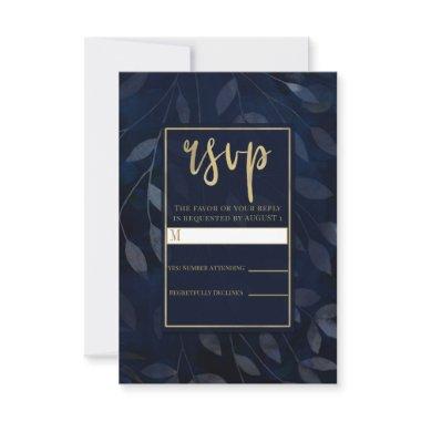 Dark Blue Botanical Leaves Modern Wedding RSVP