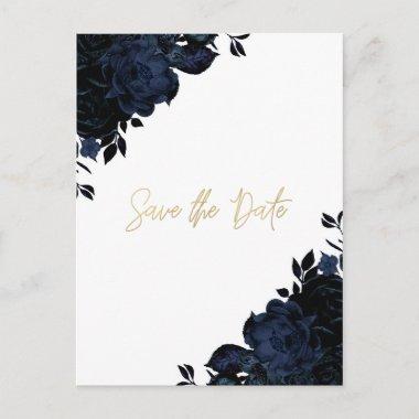 Dark Blue Navy Floral Gothic Save the Date Announcement PostInvitations